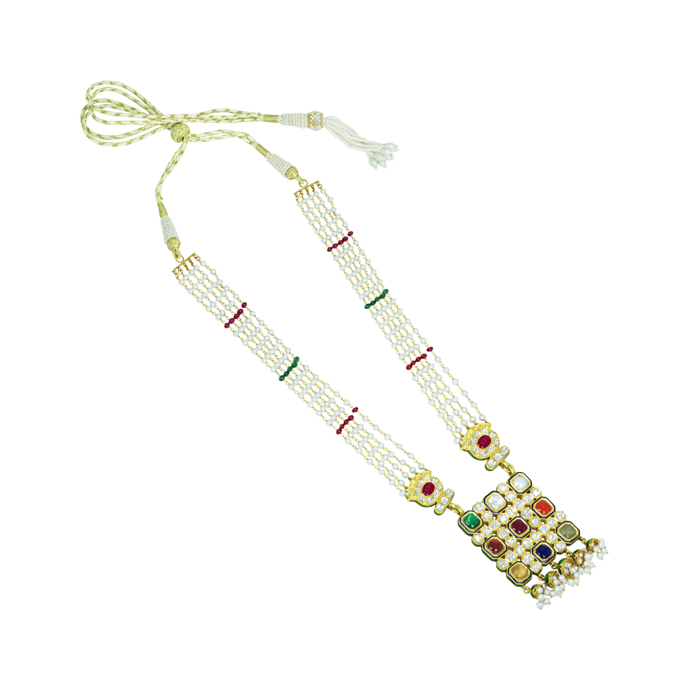 Pearl Necklace with Navratan Pendant and Ruby-Emerald Beads